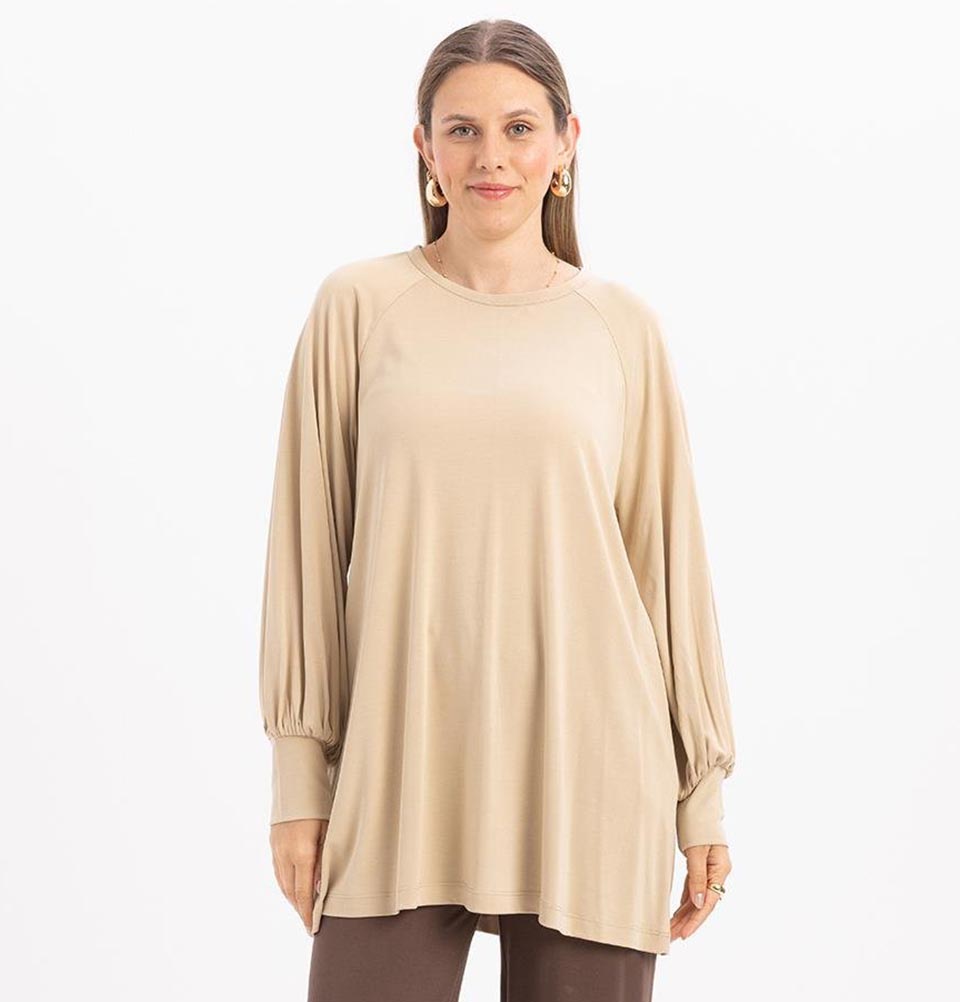 Modefa Tunic Modest Muslim Women's Long Sleeve Gathered Tunic -M20023 Beige