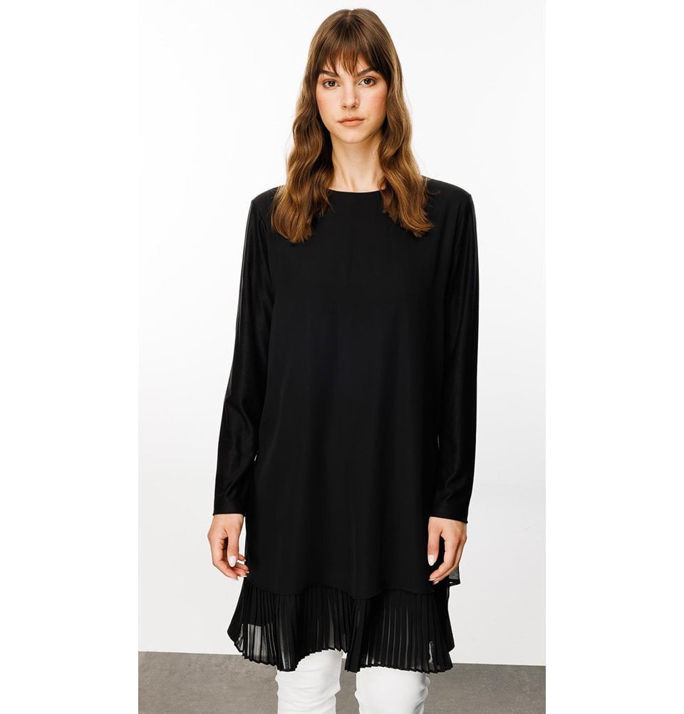 Modefa Tunic Modest Muslim Women’s Long Sleeve Tunic with Pleated Skirt Tunic - 241602 Black