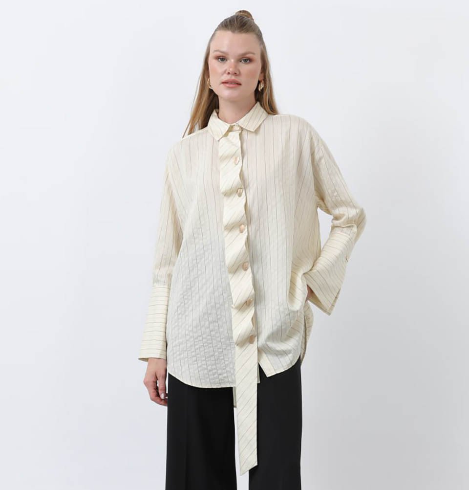 Modefa Tunic Modest Muslim Women's Modal Ruffle Front Tunic - 10683 Beige
