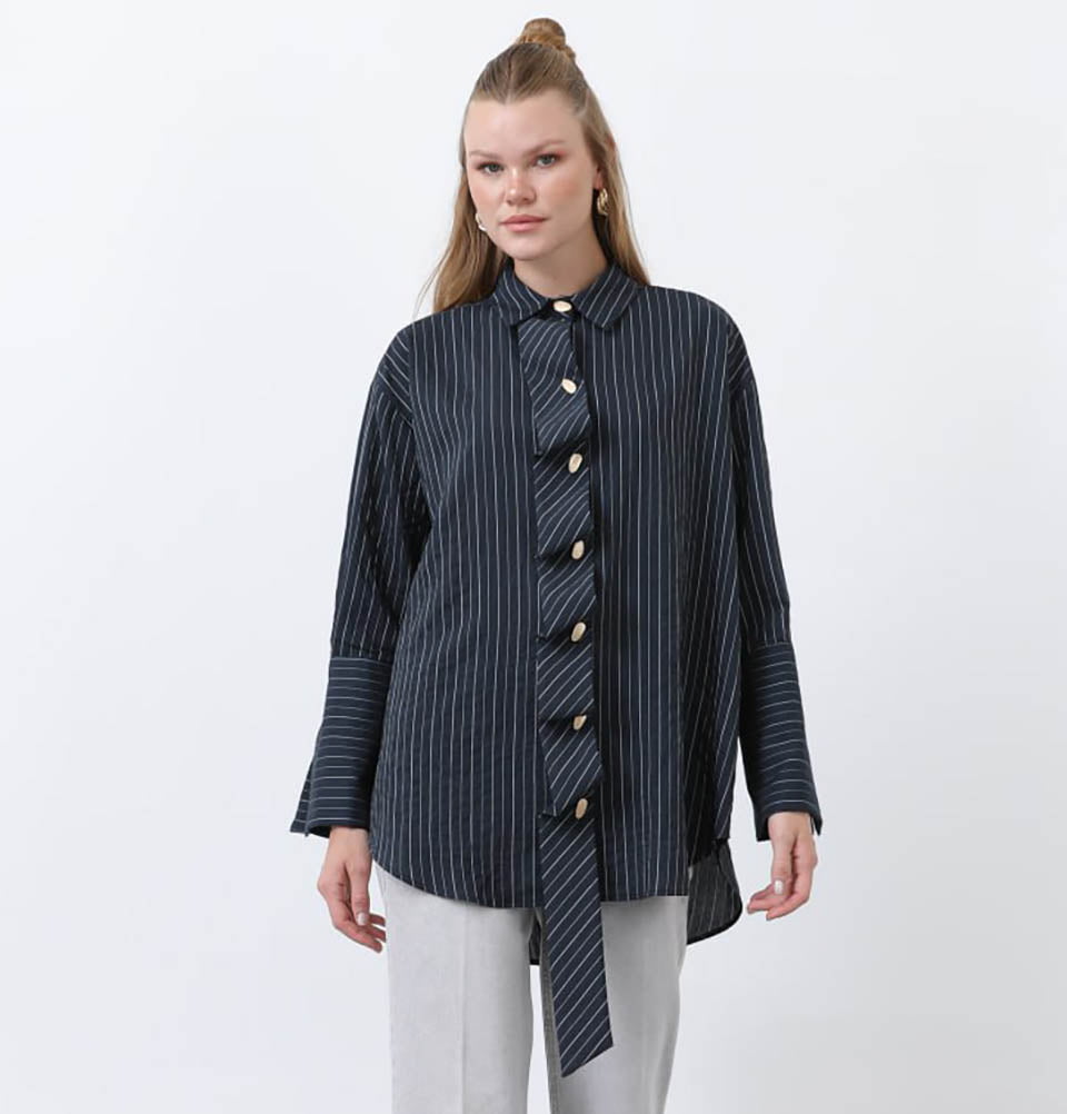 Modefa Tunic Modest Muslim Women's Modal Ruffle Front Tunic - 10683 Navy