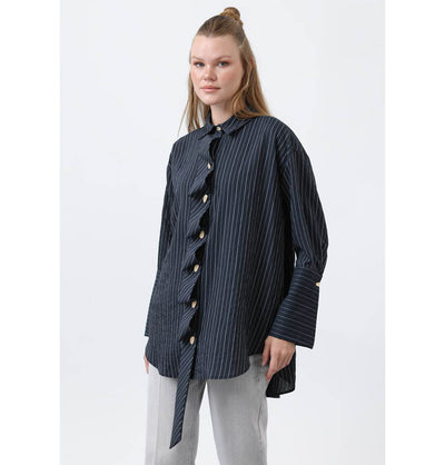 Modefa Tunic Modest Muslim Women's Modal Ruffle Front Tunic - 10683 Navy