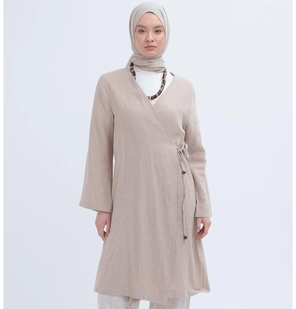 Modest Muslim Women’s Muslin Kimono Style Tunic - M85052 Beige