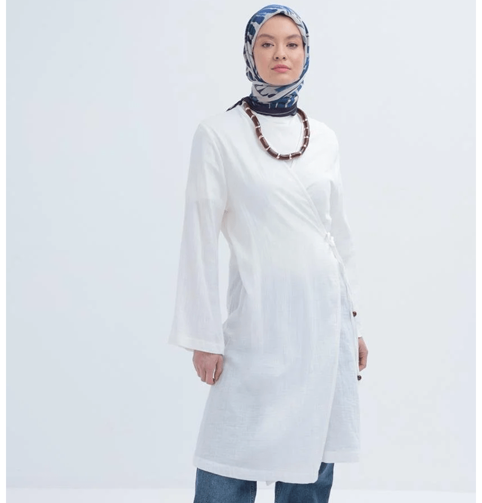 Modefa Tunic Modest Muslim Women’s Muslin Kimono Style Tunic - M85052 Ecru White