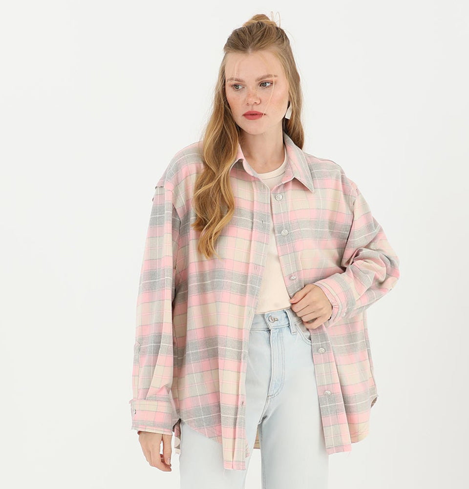 Modefa Tunic Modest Muslim Women's Plaid Tunic - M32007 Pink