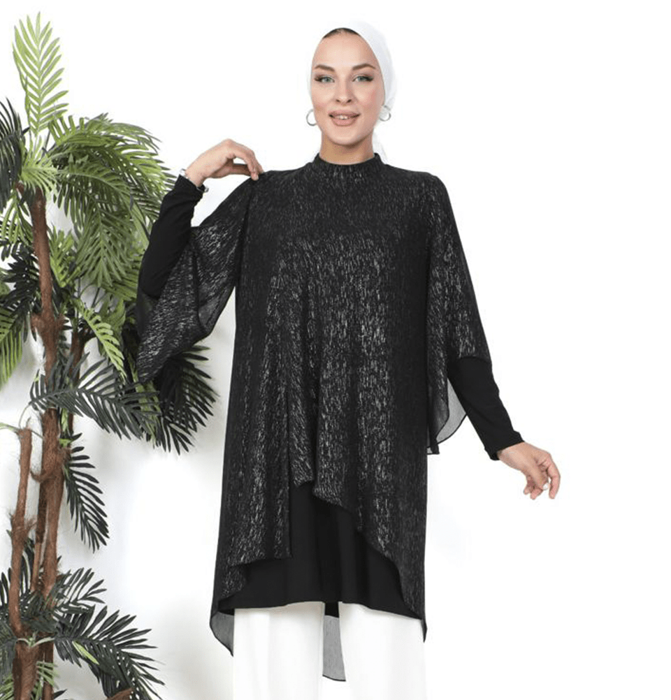 Modefa Tunic Modest Muslim Women’s Shimmer Asymmetric Sheer Tunic - M50237 Silver on Black