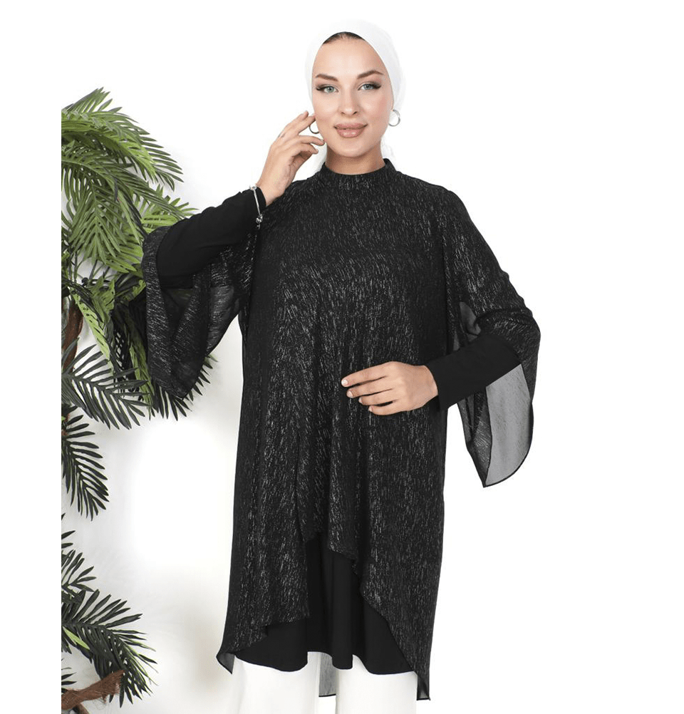 Modefa Tunic Modest Muslim Women’s Shimmer Asymmetric Sheer Tunic - M50237 Silver on Black