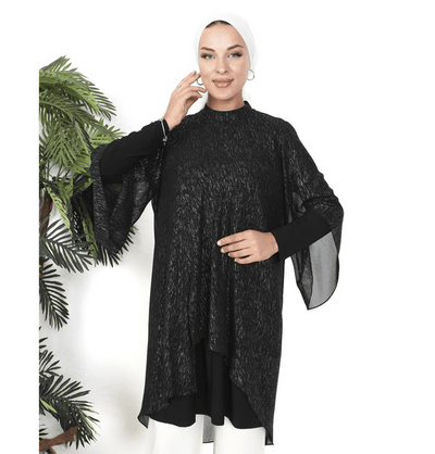 Modefa Tunic Modest Muslim Women’s Shimmer Asymmetric Sheer Tunic - M50237 Silver on Black
