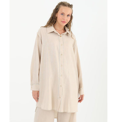 Modefa Tunic Modest Muslim Women's Silvery Button Down Tunic - 10522 Beige