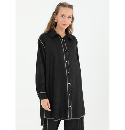 Modefa Tunic Modest Muslim Women's Silvery Button Down Tunic - 10522 Black