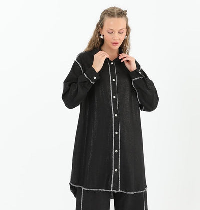 Modefa Tunic Modest Muslim Women's Silvery Button Down Tunic - 10522 Black