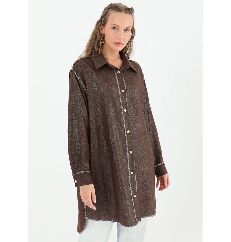 Modefa Tunic Modest Muslim Women's Silvery Button Down Tunic - 10522 Brown