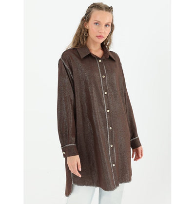 Modefa Tunic Modest Muslim Women's Silvery Button Down Tunic - 10522 Brown