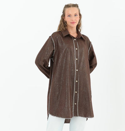 Modefa Tunic Modest Muslim Women's Silvery Button Down Tunic - 10522 Brown