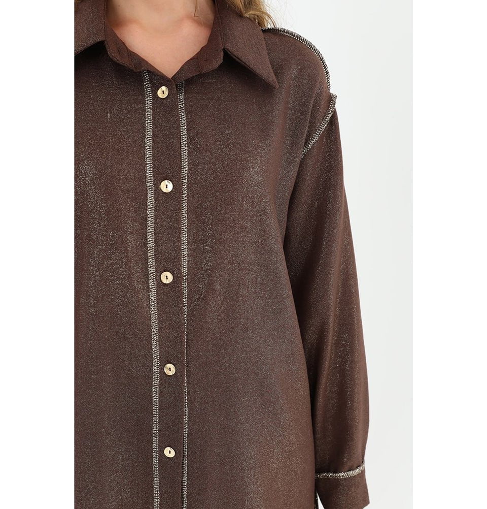 Modefa Tunic Modest Muslim Women's Silvery Button Down Tunic - 10522 Brown