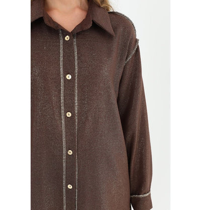 Modefa Tunic Modest Muslim Women's Silvery Button Down Tunic - 10522 Brown