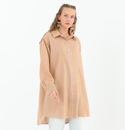 Modefa Tunic Modest Muslim Women's Silvery Button Down Tunic - 10522 Camel