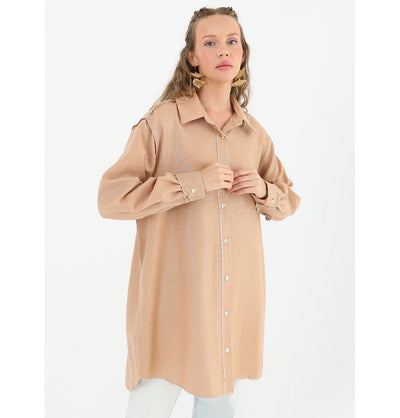 Modefa Tunic Modest Muslim Women's Silvery Button Down Tunic - 10522 Camel