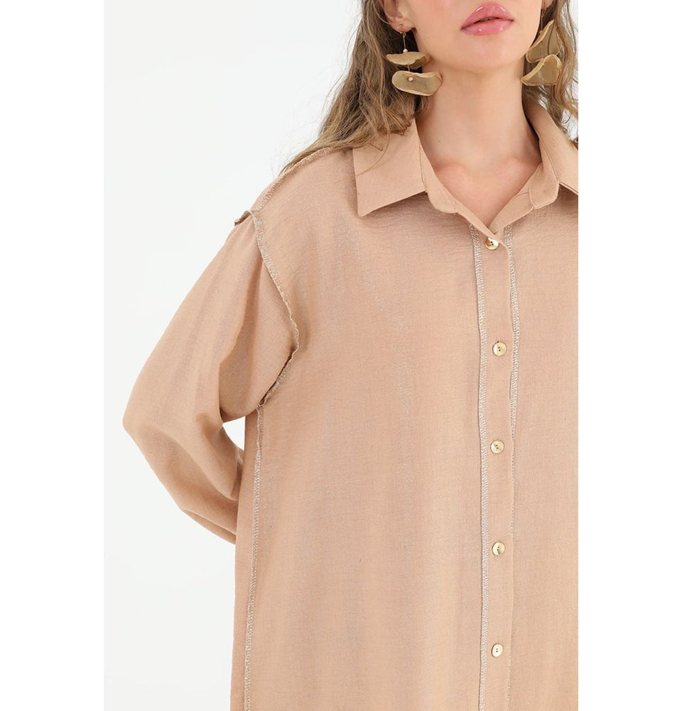 Modefa Tunic Modest Muslim Women's Silvery Button Down Tunic - 10522 Camel