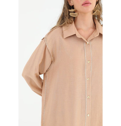 Modefa Tunic Modest Muslim Women's Silvery Button Down Tunic - 10522 Camel