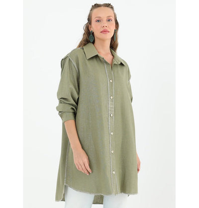 Modefa Tunic Modest Muslim Women's Silvery Button Down Tunic - 10522 Green