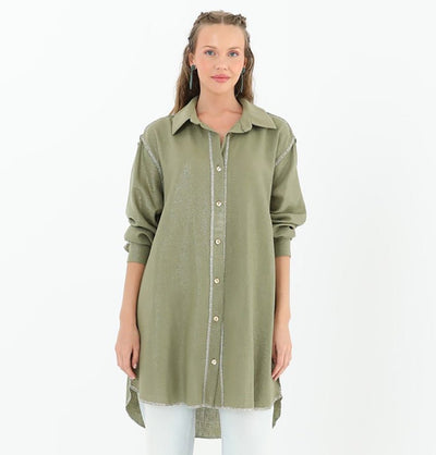 Modefa Tunic Modest Muslim Women's Silvery Button Down Tunic - 10522 Green