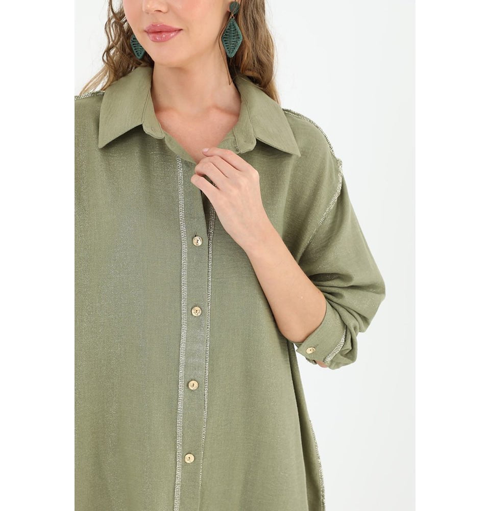 Modefa Tunic Modest Muslim Women's Silvery Button Down Tunic - 10522 Green