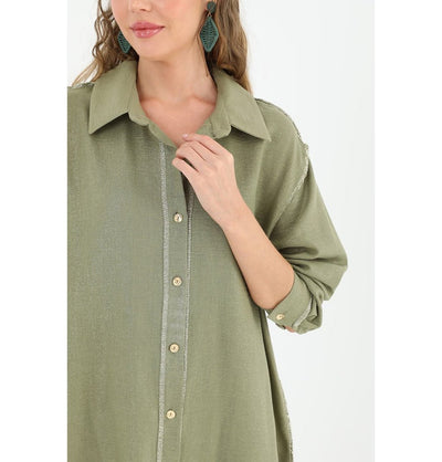 Modefa Tunic Modest Muslim Women's Silvery Button Down Tunic - 10522 Green