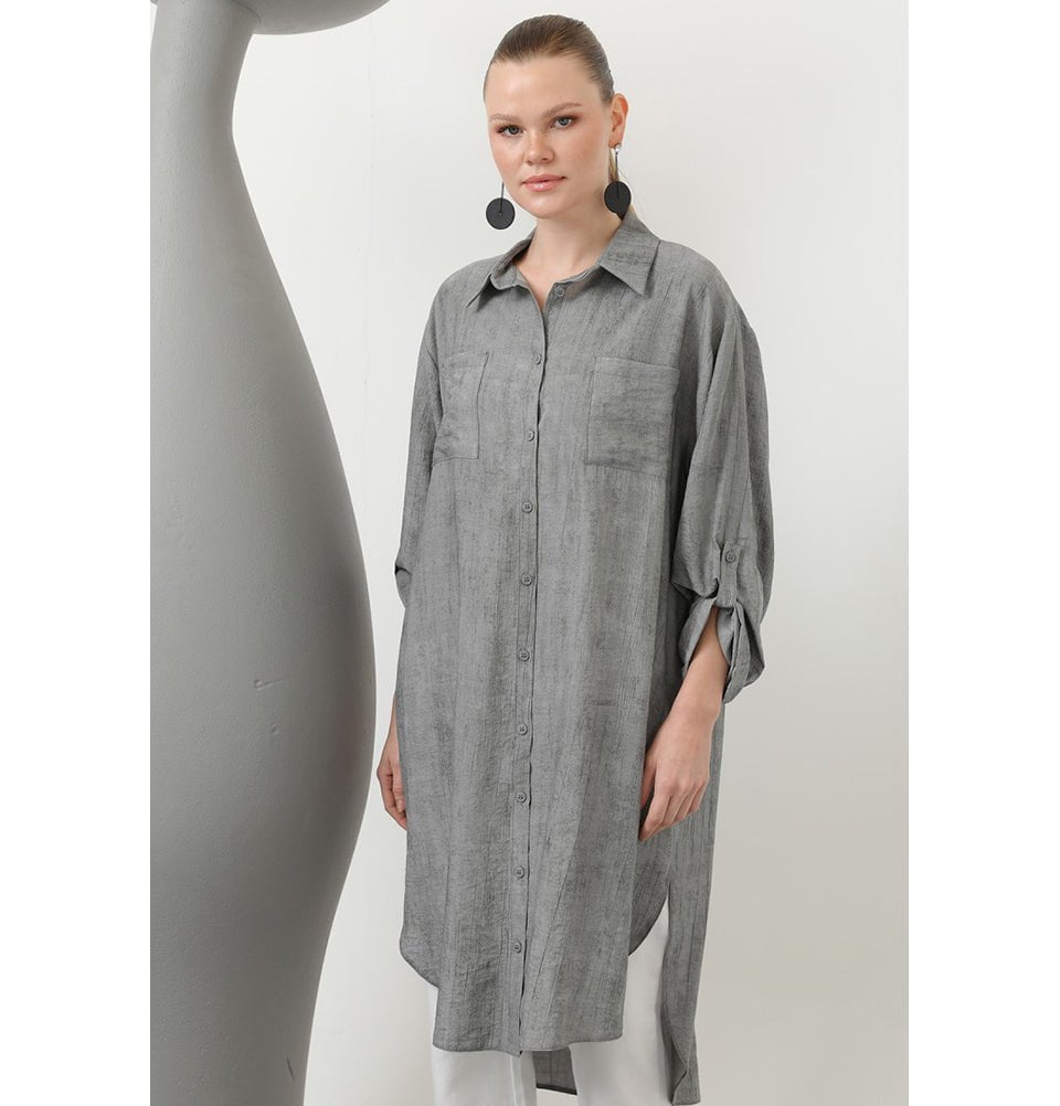 Modefa Tunic Modest Muslim Women's Sleek Long Button Down Tunic - 10639 Coal Black