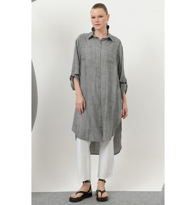 Modefa Tunic Modest Muslim Women's Sleek Long Button Down Tunic - 10639 Coal Black