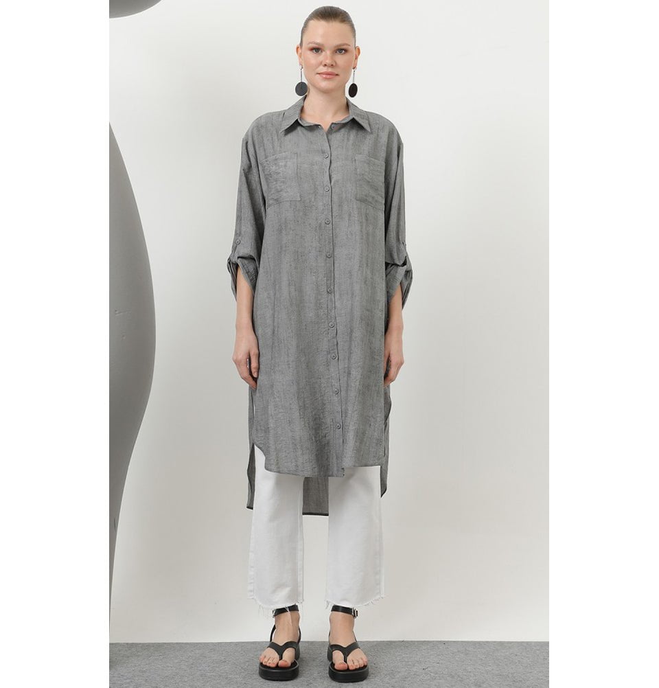 Modefa Tunic Modest Muslim Women's Sleek Long Button Down Tunic - 10639 Coal Black