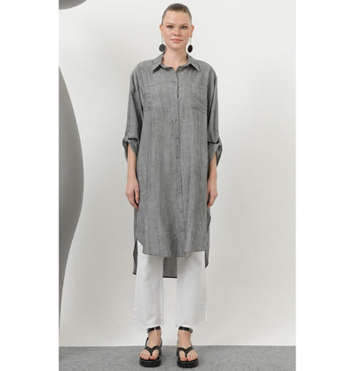 Modefa Tunic Modest Muslim Women's Sleek Long Button Down Tunic - 10639 Coal Black
