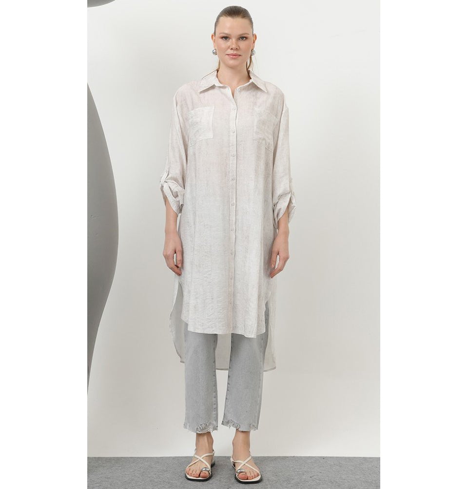 Modefa Tunic Modest Muslim Women's Sleek Long Button Down Tunic - 10639 Ekru