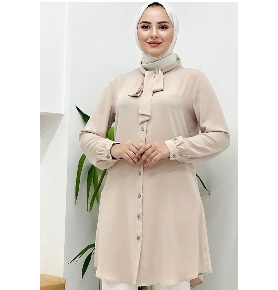 beige midi shirt dress Modest Women's Classy Tunic 40063