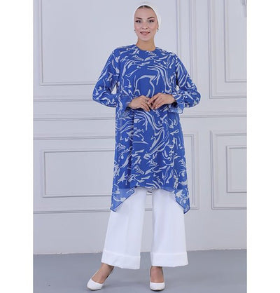 Modefa Tunic Modest Women's Formal Abstract Tunic & Pants Set 9269-04 - Blue
