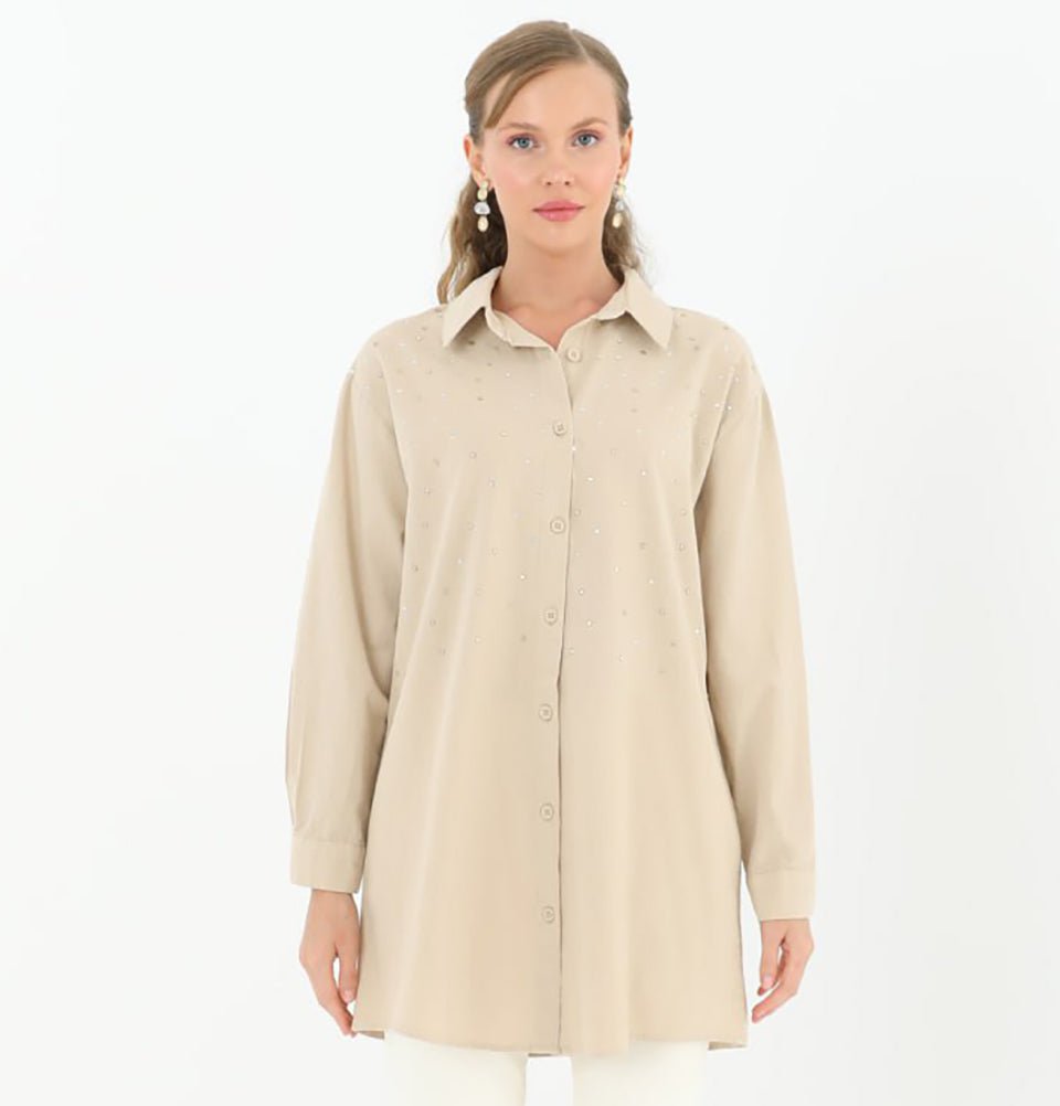 Modefa Tunic Modest Women's Gemmed Tunic 10509 - Beige