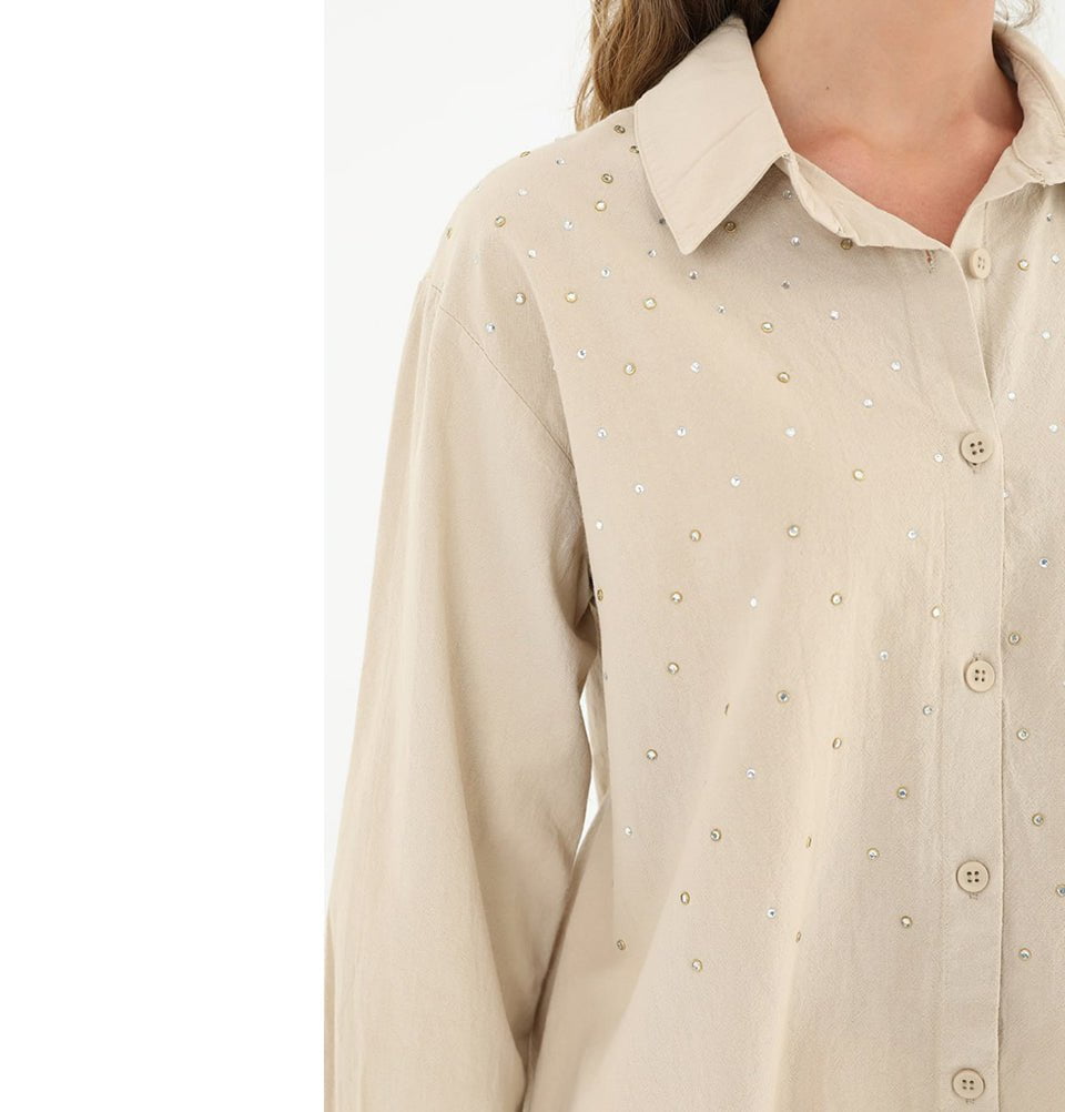 Modefa Tunic Modest Women's Gemmed Tunic 10509 - Beige