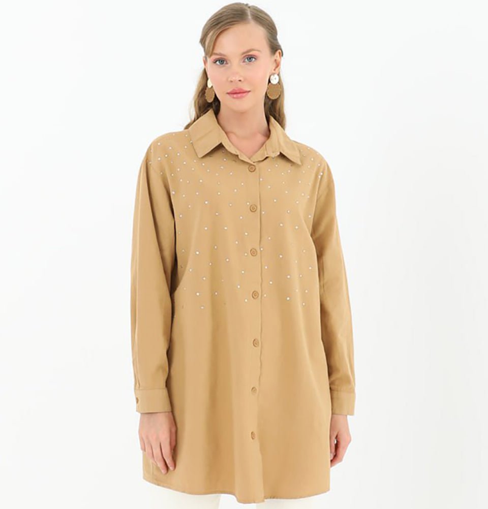 Modefa Tunic Modest Women's Gemmed Tunic 10509 - Camel