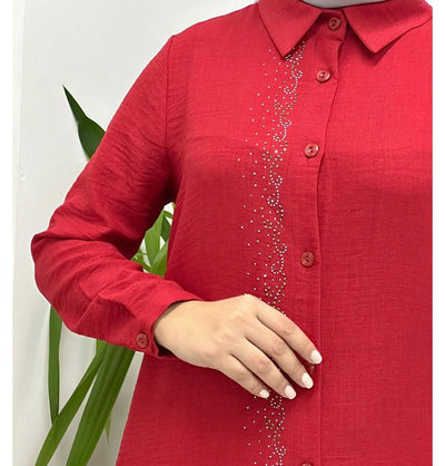 Modefa Tunic Modest Women's Glittery Tunic 40130 - Red