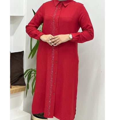 Modefa Tunic Modest Women's Glittery Tunic 40130 - Red