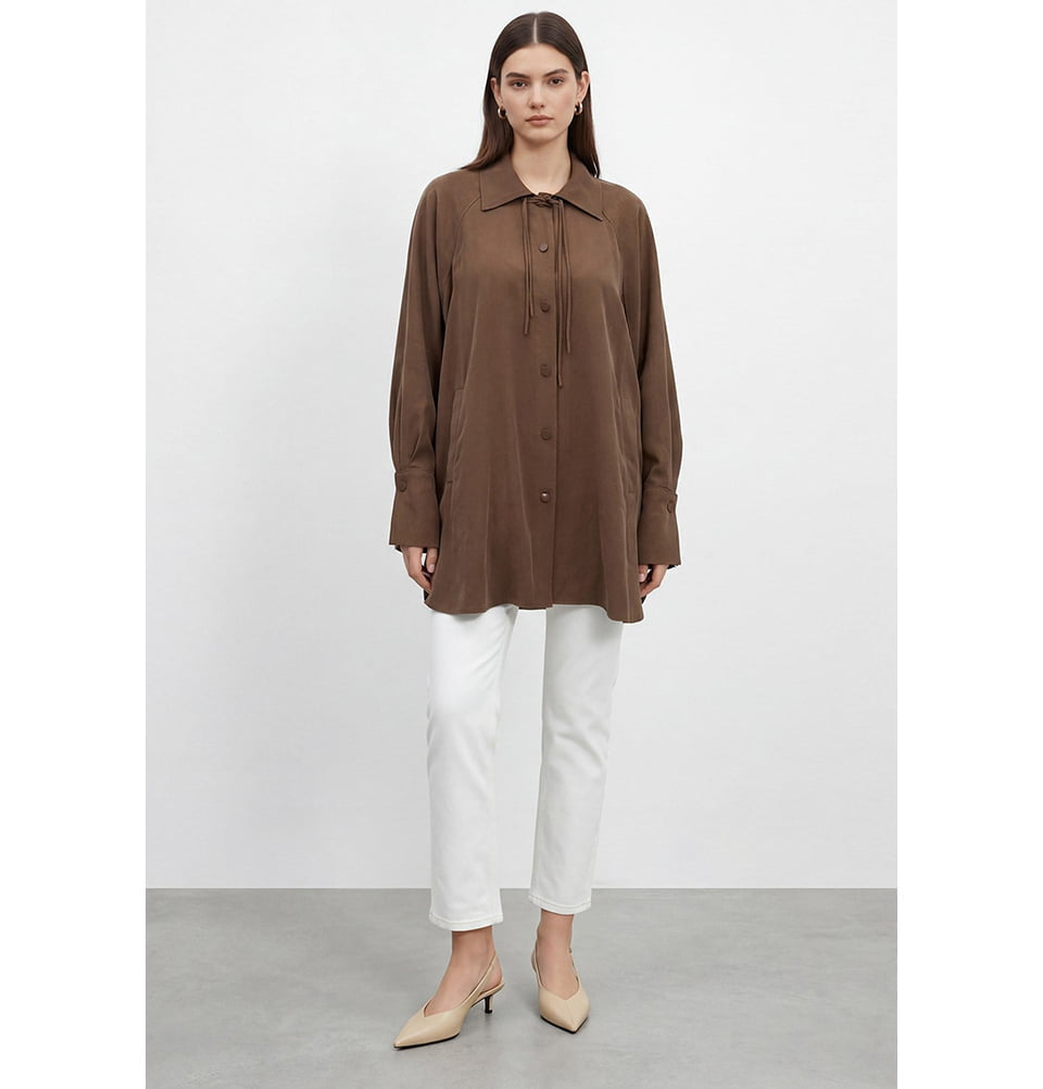 Modest Women's Modal Tie Neck Tunic - 10772 Brown