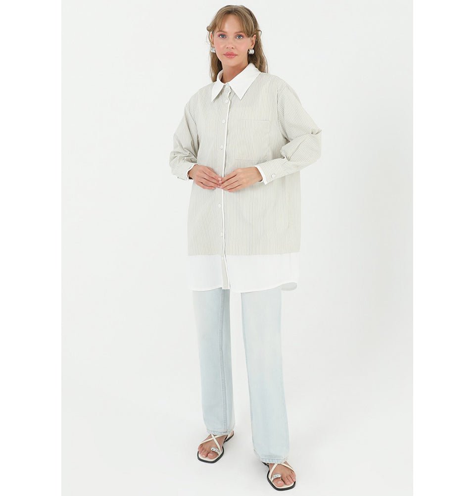 Modefa Tunic Modest Women's Striped Cotton Tunic 10506 - Beige