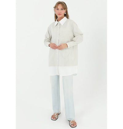 Modefa Tunic Modest Women's Striped Cotton Tunic 10506 - Beige