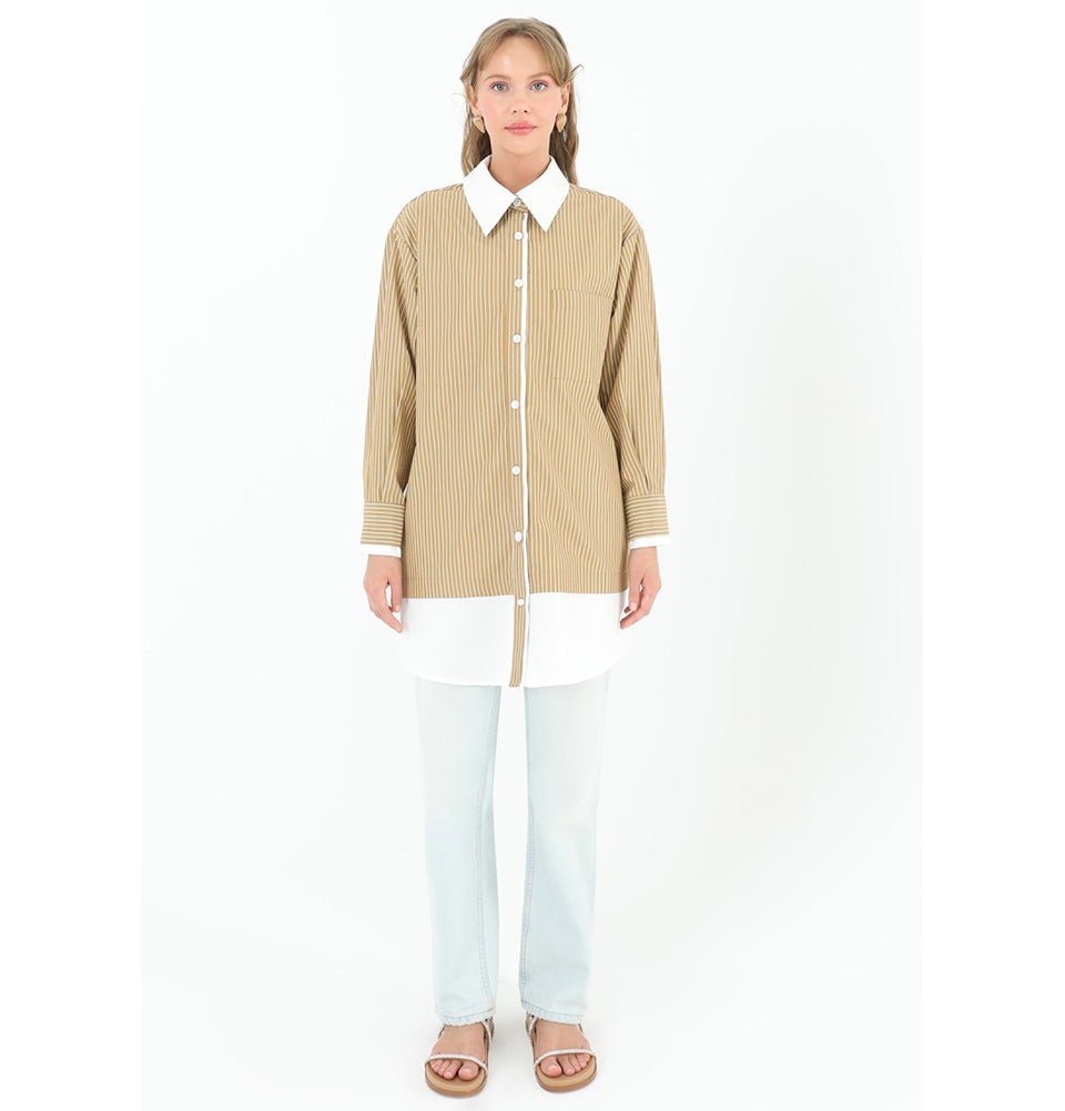 Modefa Tunic Modest Women's Striped Cotton Tunic 10506 - Camel