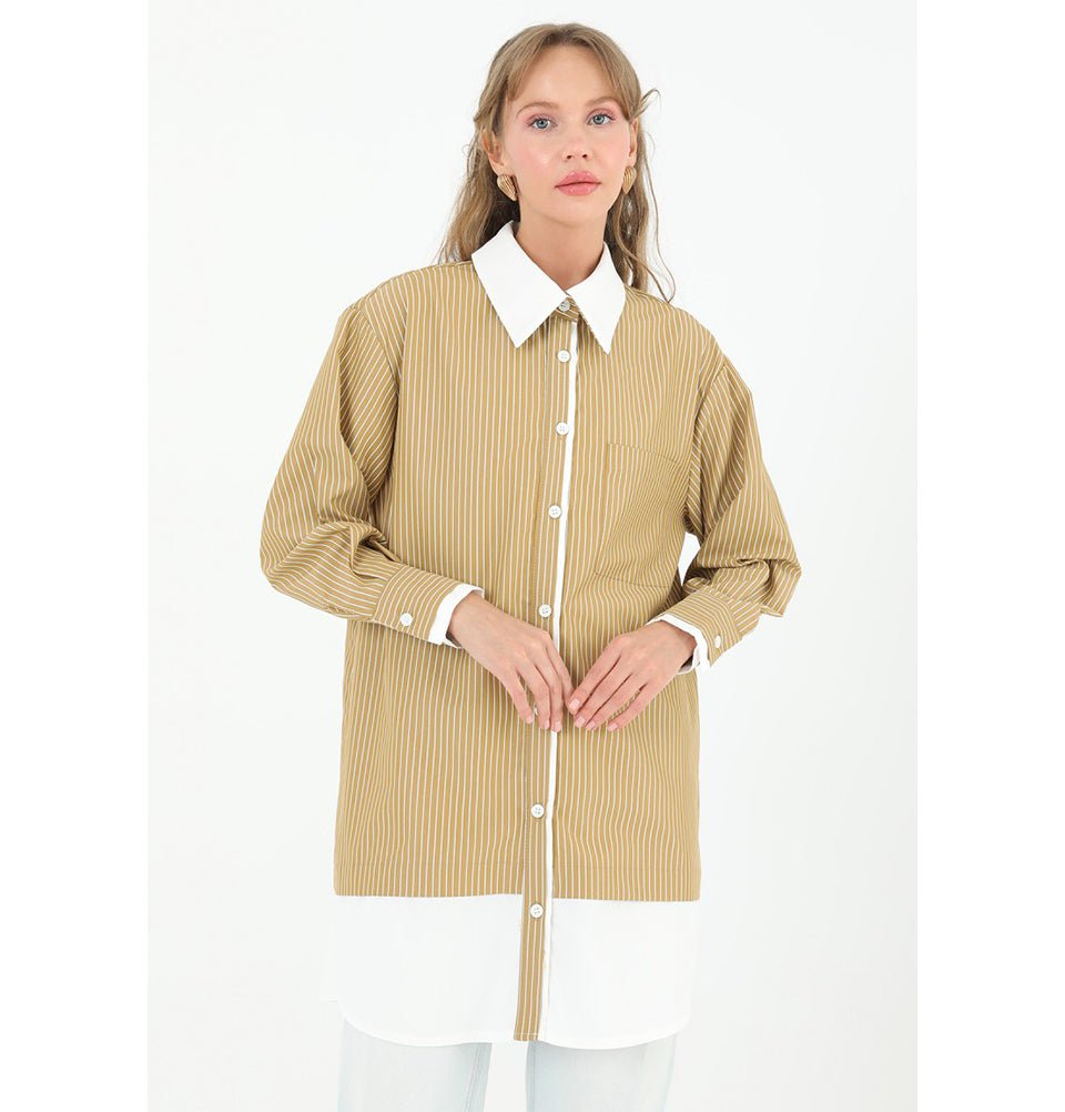 Modefa Tunic Modest Women's Striped Cotton Tunic 10506 - Camel