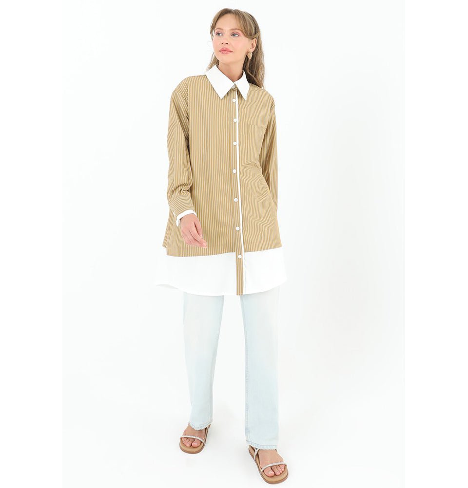 Modefa Tunic Modest Women's Striped Cotton Tunic 10506 - Camel