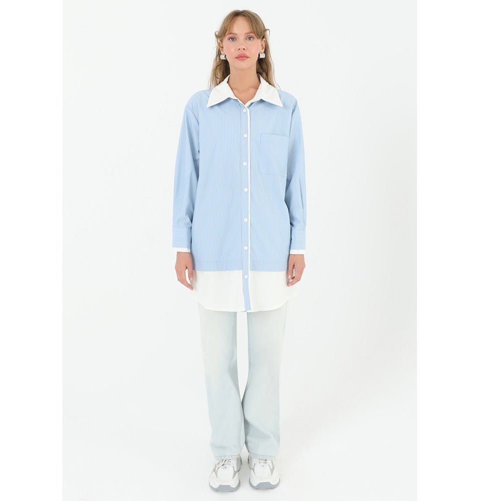 Modefa Tunic Modest Women's Striped Cotton Tunic 10506 - Light Blue
