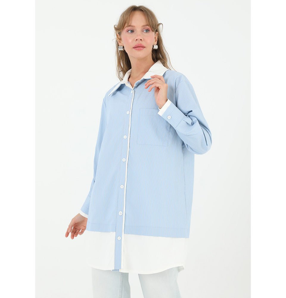 Modefa Tunic Modest Women's Striped Cotton Tunic 10506 - Light Blue