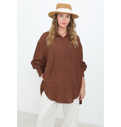 Modefa Tunic Muslim Women's Oversized Button-Up Tunic - 10638 Brown