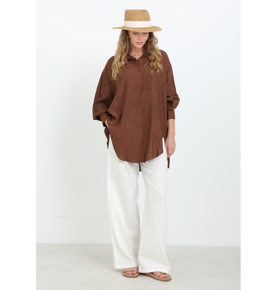 Modefa Tunic Muslim Women's Oversized Button-Up Tunic - 10638 Brown