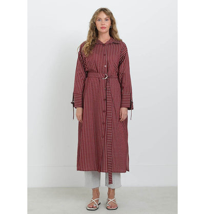 Modefa Tunic Red Modest Muslim Women's Pinstripe Wide Cuff Tunic - 10701 - Red